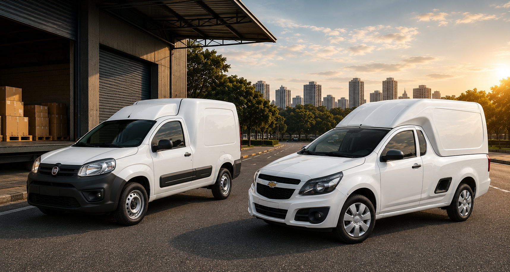 Fiat Fiorino e Chevrolet Montana brancas da STENZO Logística em ambiente empresarial de carga e descarga